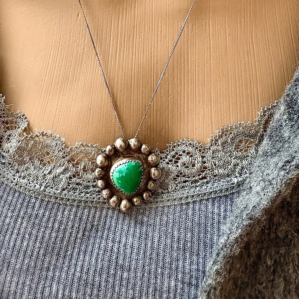 SOLD Silver Turquoise Chunky vintage Navajo Squash Blossom Pendant